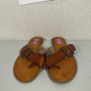 POP Tan Leather Crossover Slide Sandals